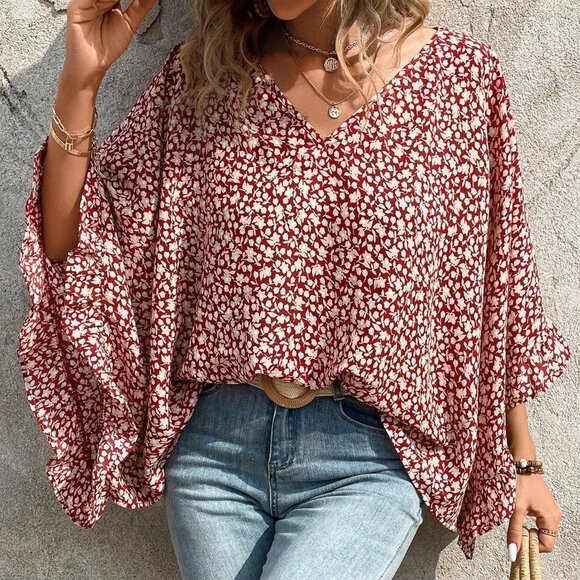 Multicolor Boho Womens Ditsy Floral Print Batwing Sleeve Blouse - Picture 3 of 5